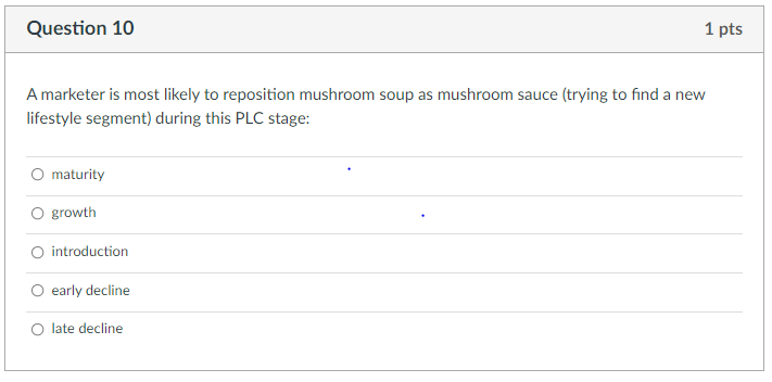  Question 10 1 pts A marketer is most likely to reposition