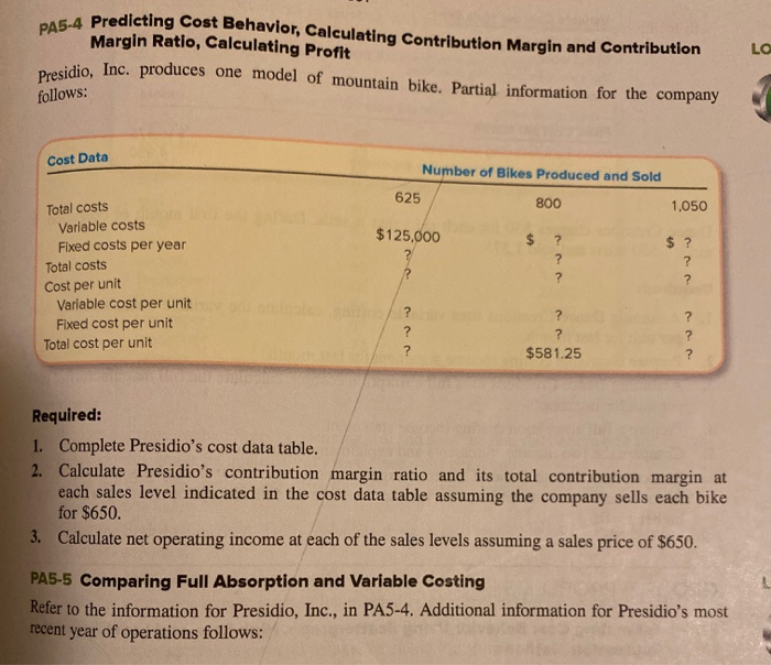  PA5-4 Predicting predicting Cost Behavior, Calculating Contribution Marain and Contribution Margin