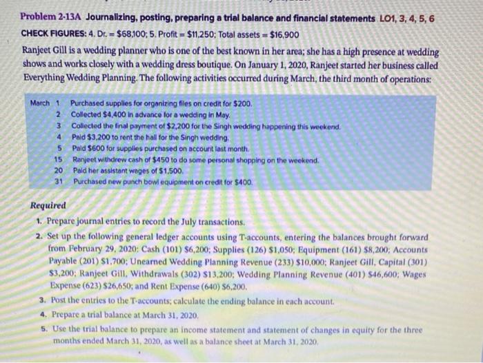  March 1 3 4 5 Problem 2-13A Journalizing, posting, preparing a