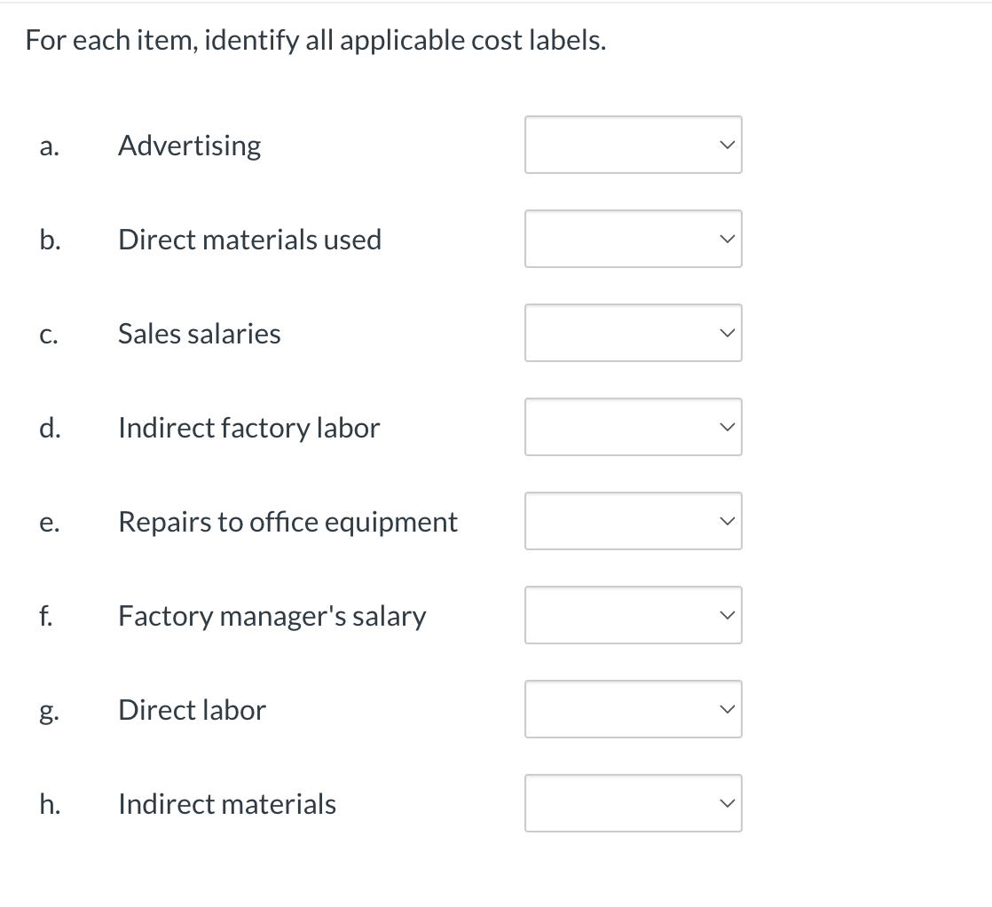  For each item, identify all applicable cost labels. a. Advertising b.