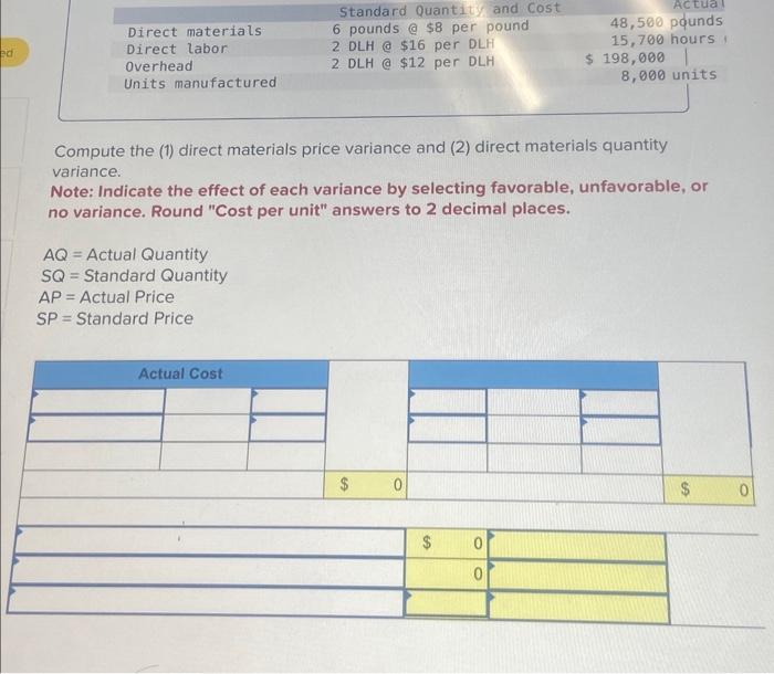  Compute the (1) direct materials price variance and (2) direct materials