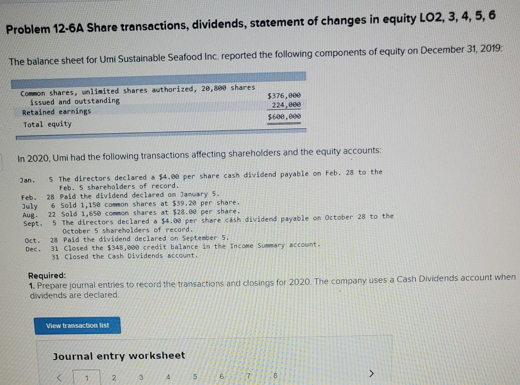  Problem 12-6A Share transactions, dividends, statement of changes in equity LO2,