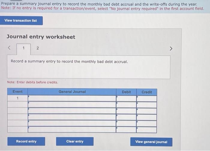 repare a summary journal entry to record the monthly bad debt accrual