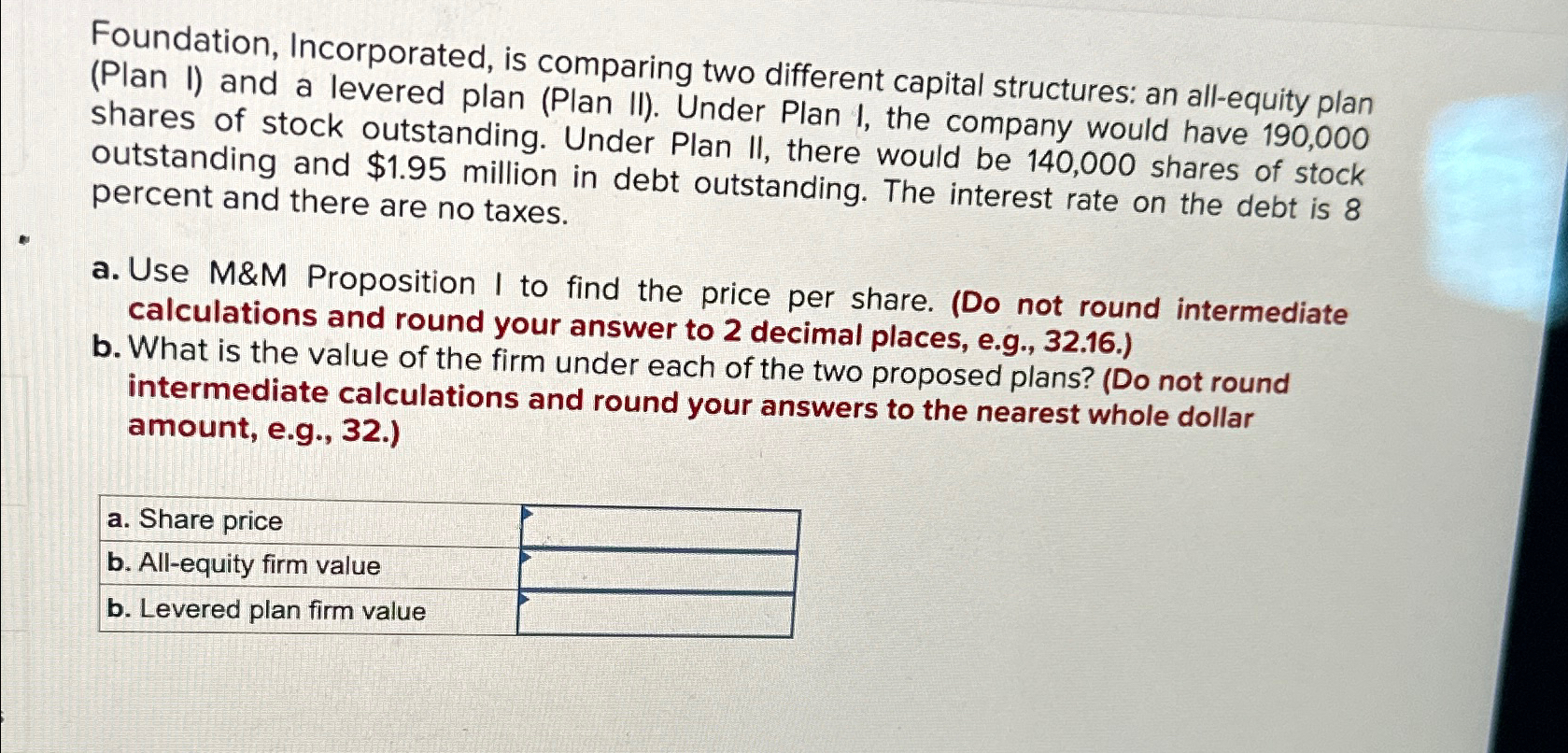  Foundation, Incorporated, is comparing two different capital structures: an all-equity plan