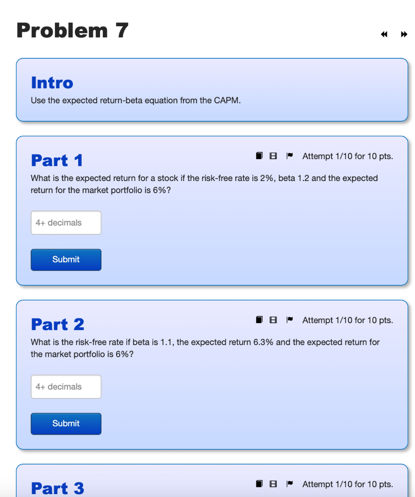 intro Use the expected return-beta equation from the CAPM. Part 1