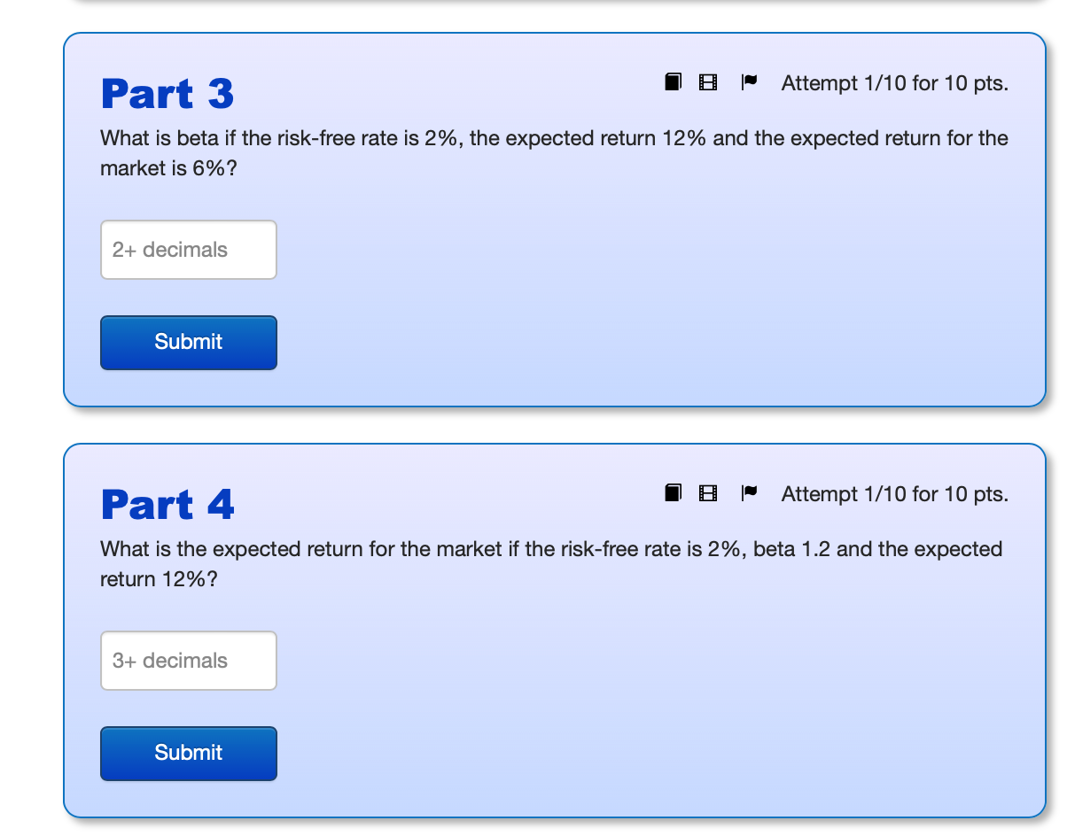Attempt 1/10 for 10 pts. What is the expected return for a