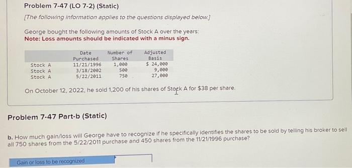 how to do this Problem 7-47 (LO 7-2) (Static) [The following information