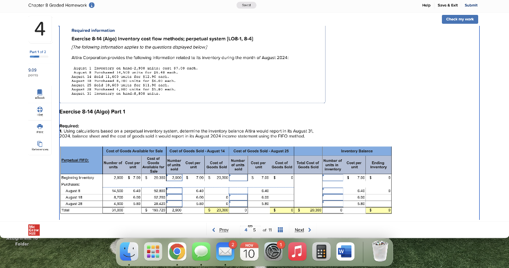  Required information Exercise 8-14 (Algo) Inventory cost flow methods; perpetual system