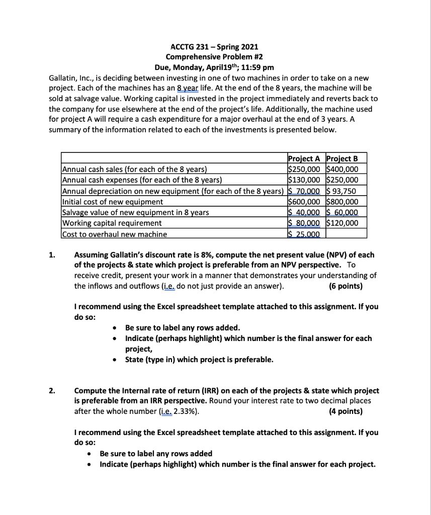  ACCTG 231 - Spring 2021 Comprehensive Problem #2 Due, Monday, April