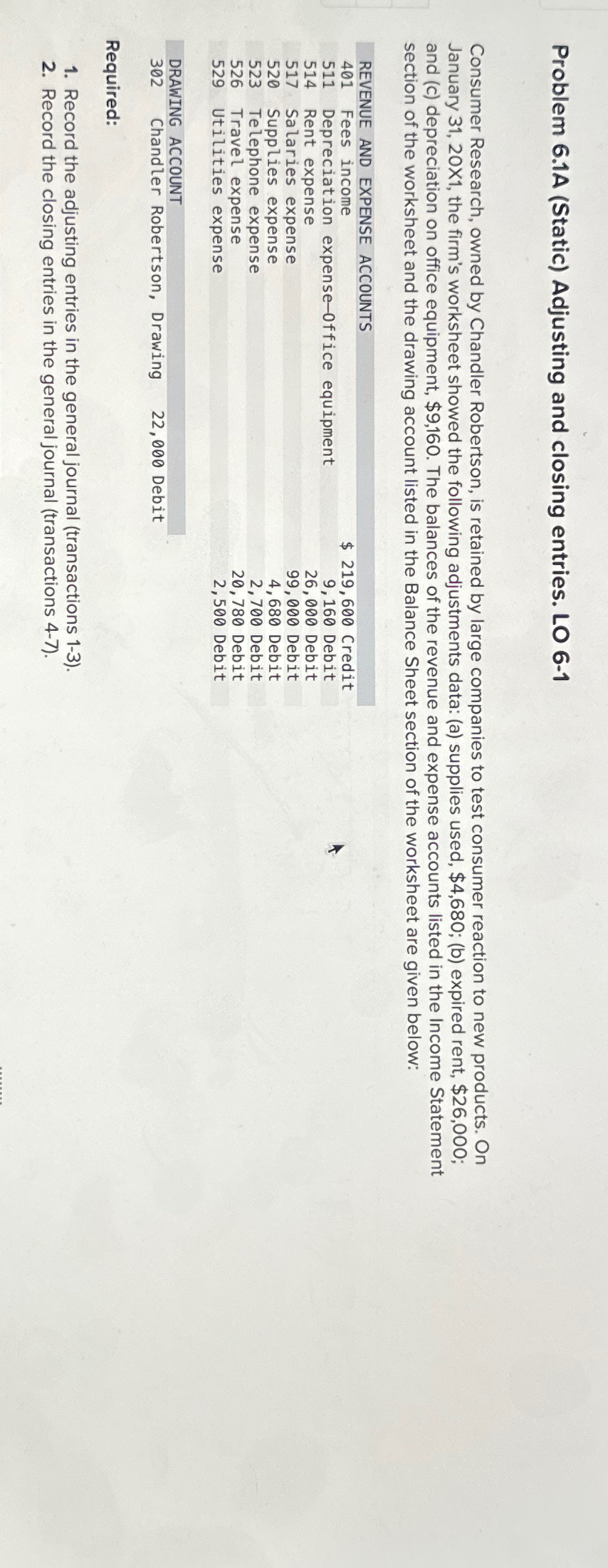  Problem 6.1A (Static) Adjusting and closing entries. LO 6-1 Consumer Research,
