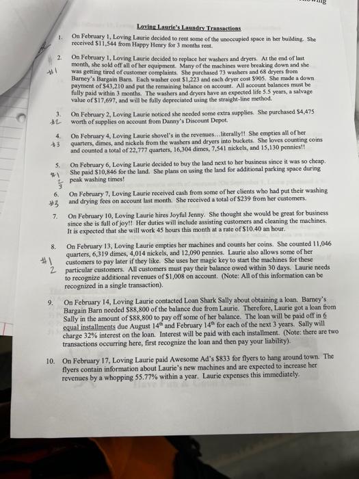 create a post closing trial balance Loving Laurie's Laundry Transactions 1. On