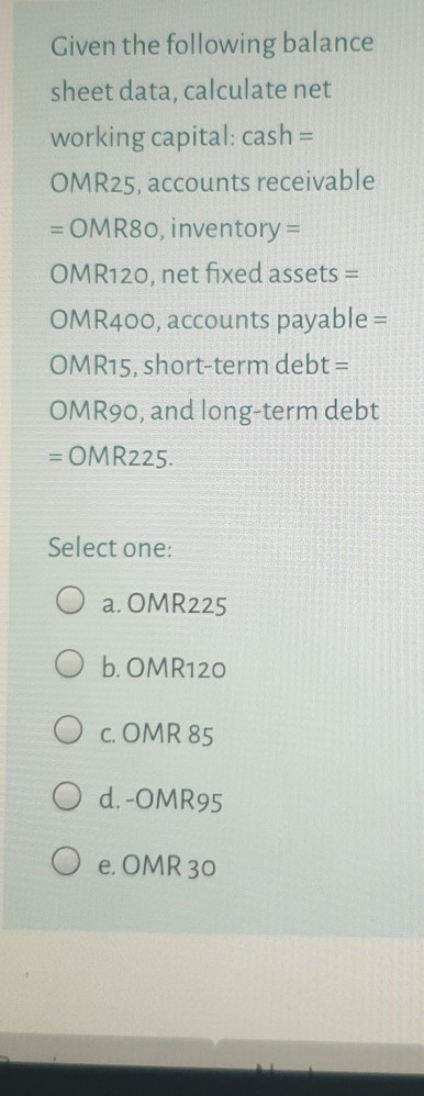 Given the following balance sheet data, calculate net working capital: cash