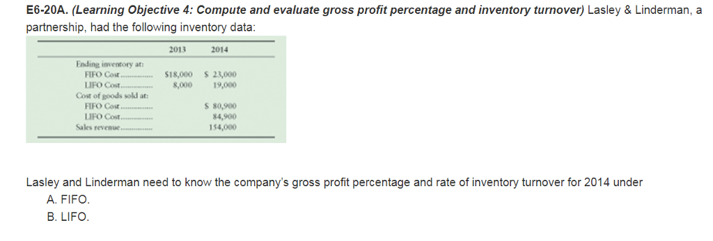  E6-20A. (Learning Objective 4: Compute and evaluate gross profit percentage and