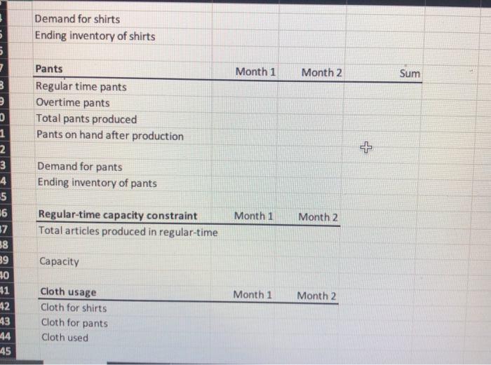 yds) Cloth per shirts Cloth per pants 7 Unit costs Regular time