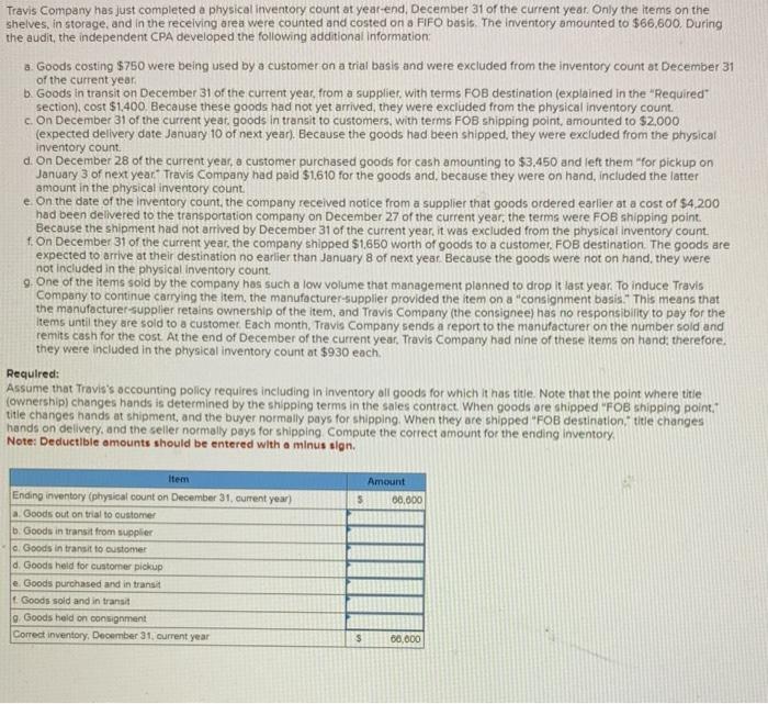 ?? Travis Company has just completed a physical inventory count at year-end,