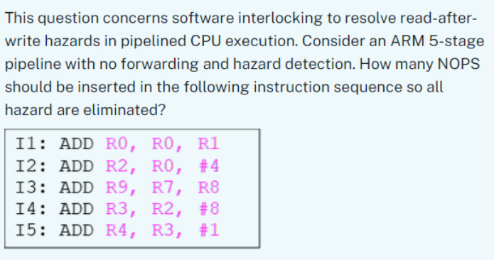  This question concerns software interlocking to resolve read-after- write hazards in