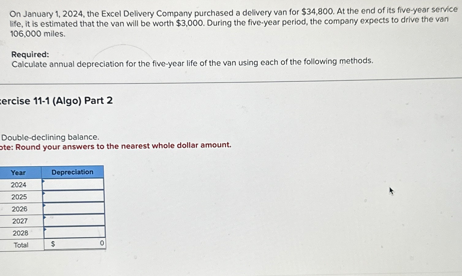  On January 1,2024, the Excel Delivery Company purchased a delivery van