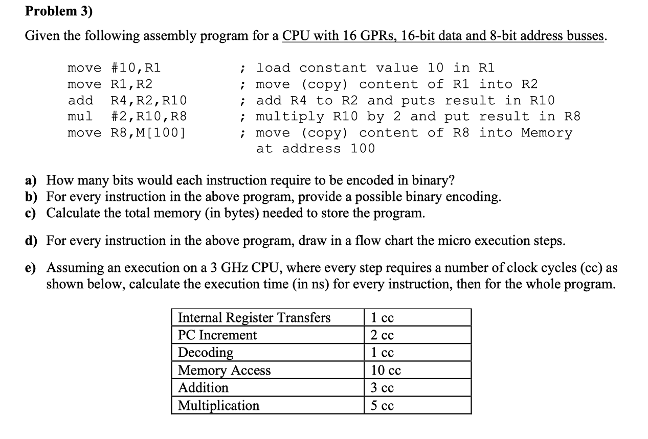  Problem 3) Given the following assembly program for a CPU with