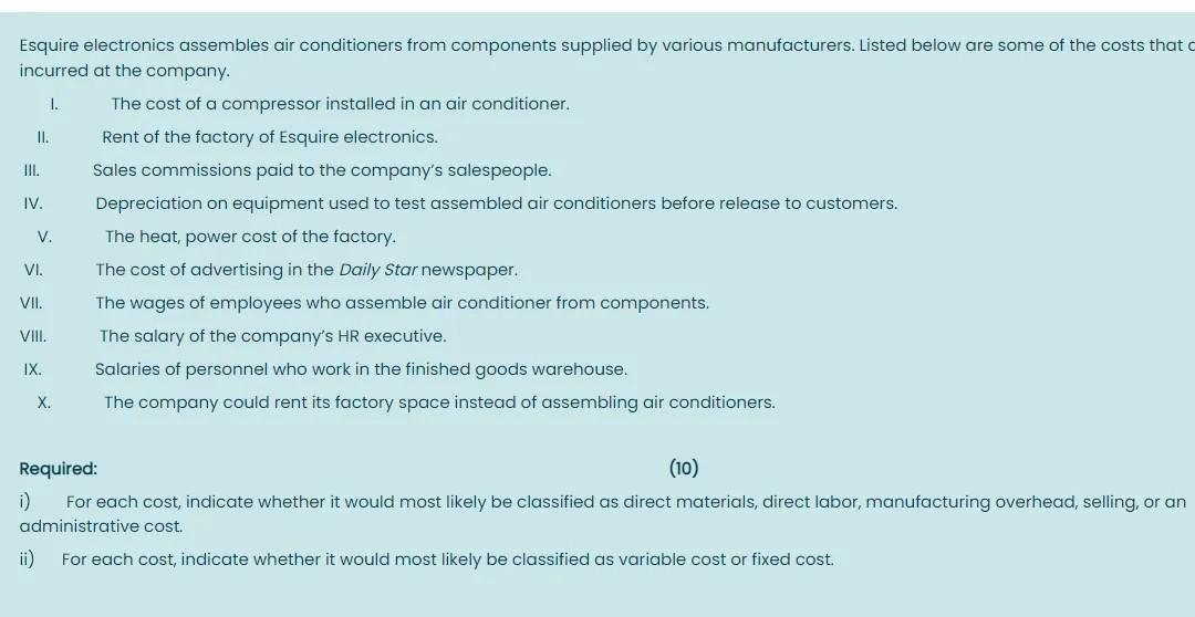 Esquire electronics assembles air conditioners from components supplied by various manufacturers.