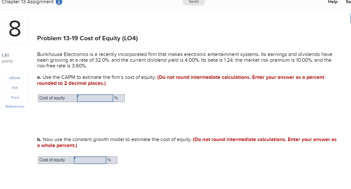  Chapter 13 Assignment i Saved Help Sa 00 Problem 13-19 Cost