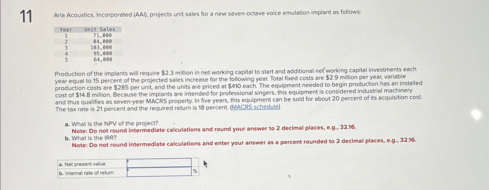  11 Aria Acoustics, Incorporated (AAI), projects unit sales for a new