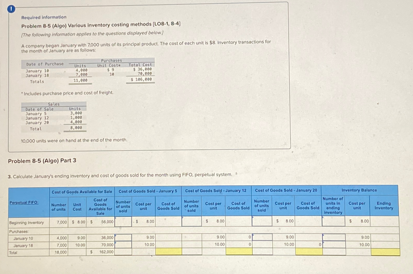  1 Required information Problem 8-5(Algo) Various inventory costing methods [LO8-1,8-4] [The