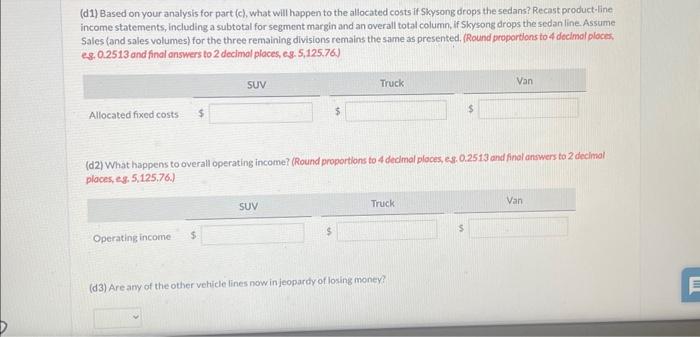 to the allocated costs if Skysong drops the sedans? Recast product-line income