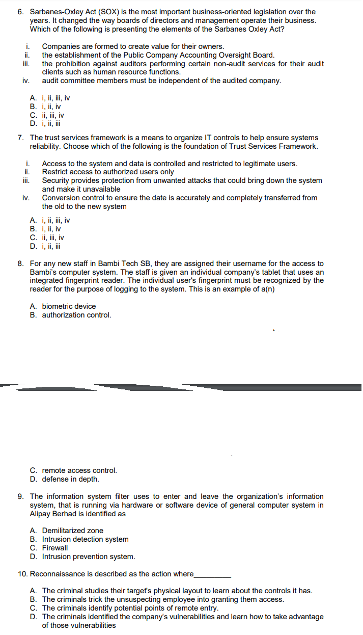 Accounting Information System ( Need answer only, no need explanation) 6.