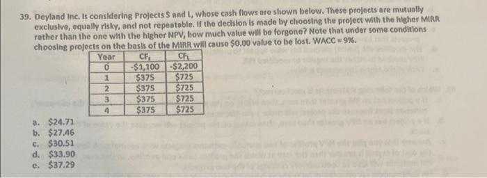  39. Deyland Inc, is considering Projects S and L, whose cash