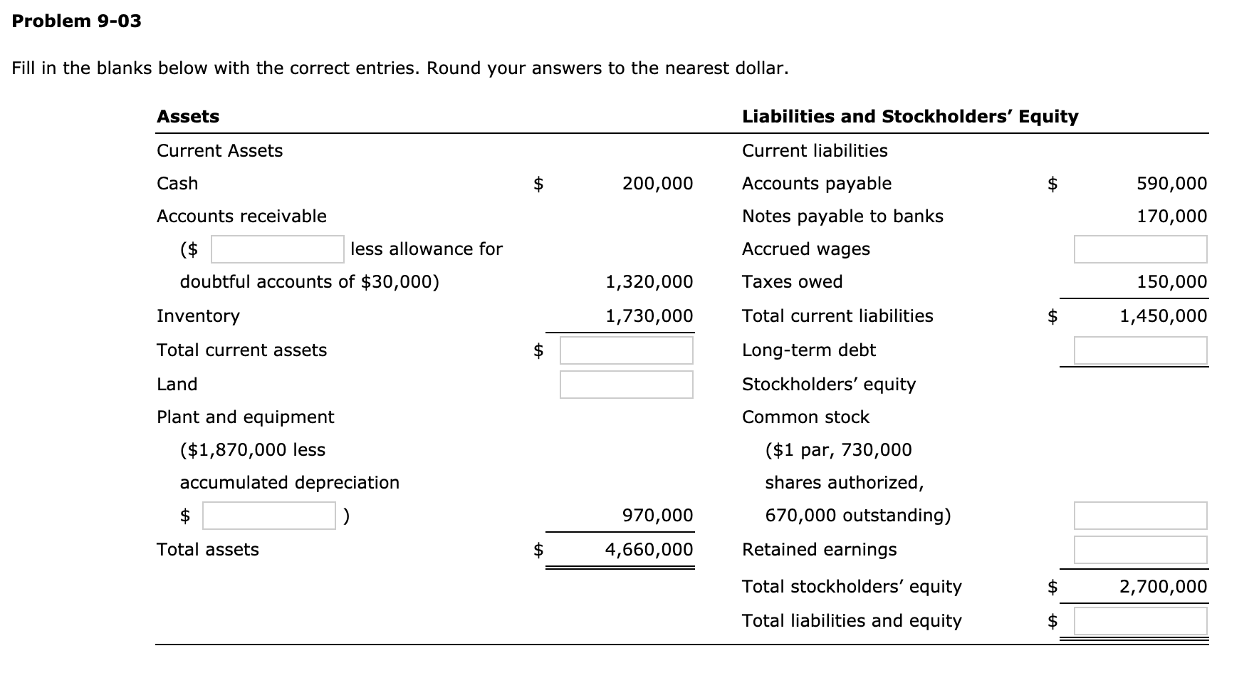  Problem 9-03 Fill in the blanks below with the correct entries.