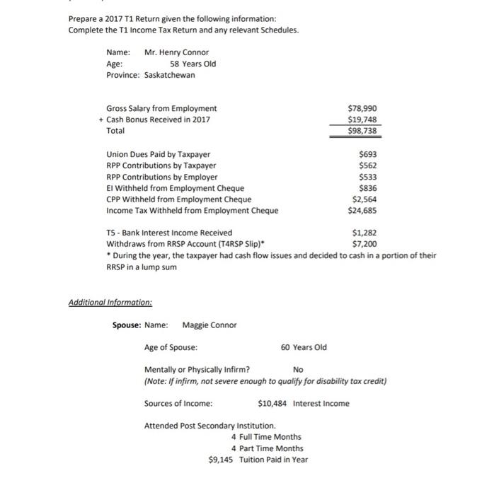 Complete the T1 Income Tax Return and any relevant Schedules. Name: Mr.