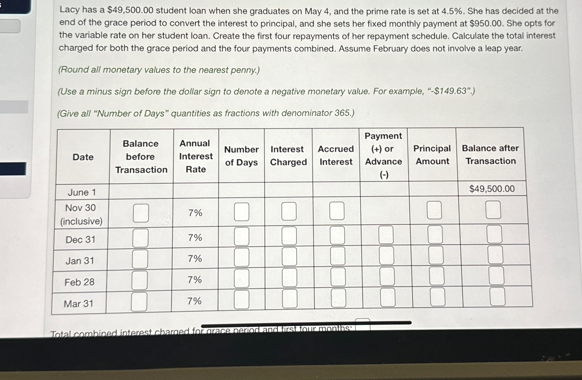  Lacy has a $49,500.00 student loan when she graduates on May