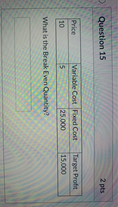  Question 15 2 pts Price Variable Cost Fixed Cost Target Profit