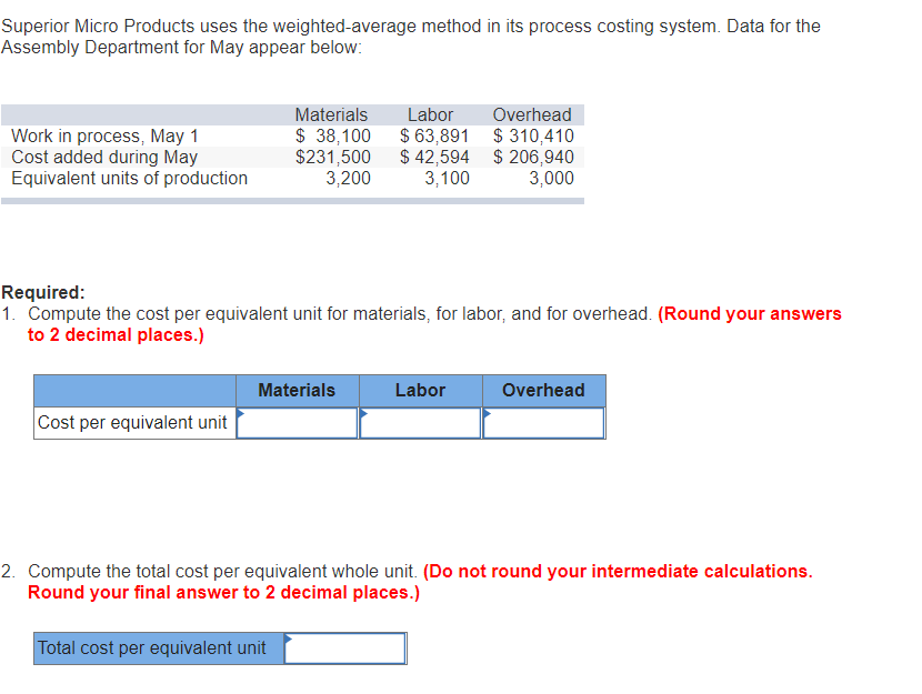 Superior Micro Products uses the weighted-average method in its process costing system.