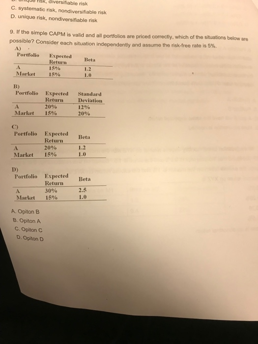  diversifiable risk C. systematic risk, nondiversifiable risk D. unique risk, nondiversifiable