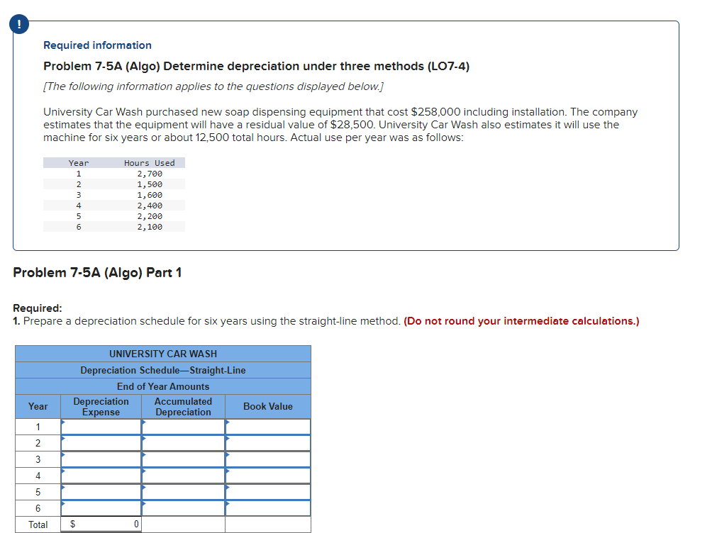  Problem 7-5A (Algo) Part 1 Required: 1. Prepare a depreciation schedule