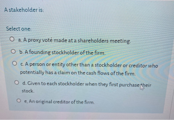  A stakeholder is: Select one: O a. A proxy vot made
