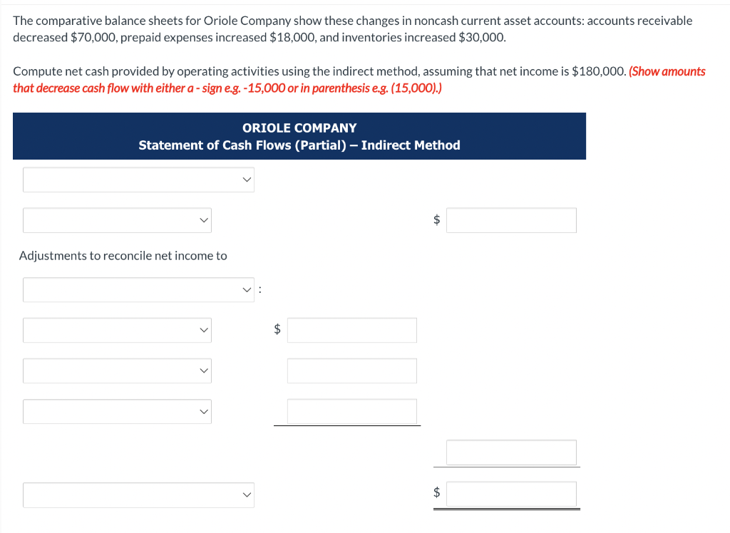The comparative balance sheets for Oriole Company show these changes in