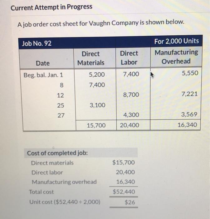  Current Attempt in Progress A job order cost sheet for Vaughn