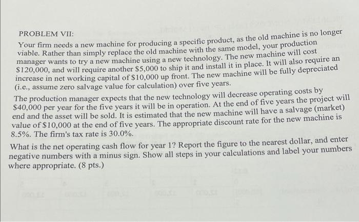  PROBLEM VII: Your firm needs a new machine for producing a