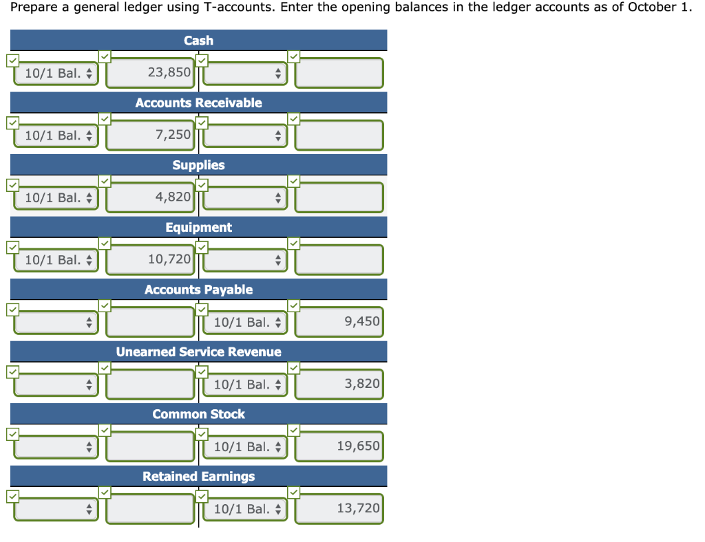 the ledger accounts as of October 1. Cash 23,850 10/1 Bal. Accounts