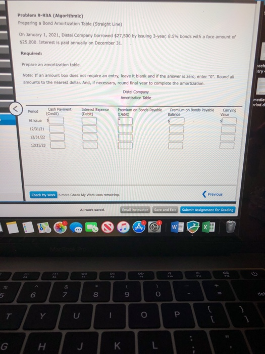  Problem 9-93A (Algorithmic) Preparing a Bond Amortization Table (Straight Line) On