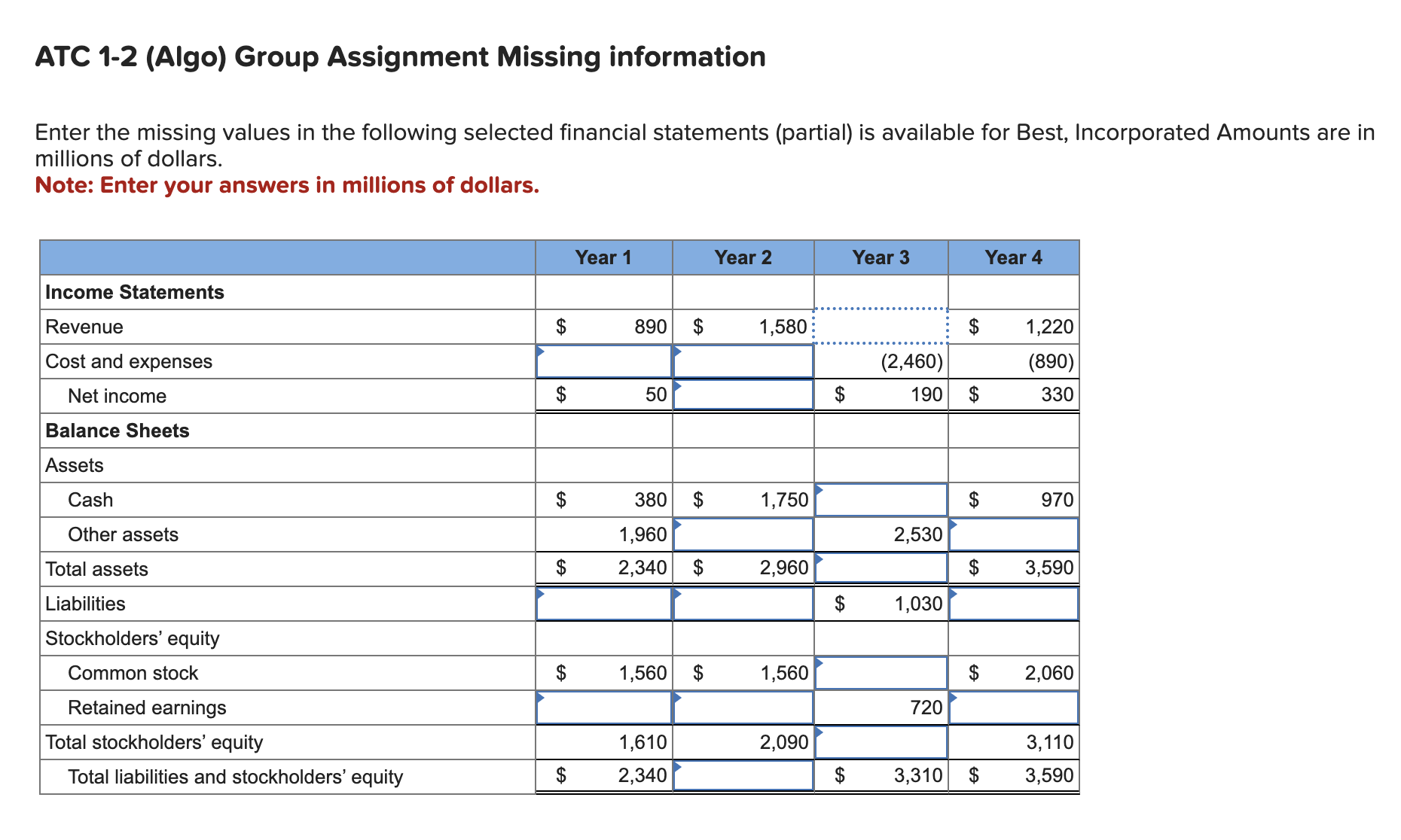  ATC 1-2 (Algo) Group Assignment Missing information Enter the missing values