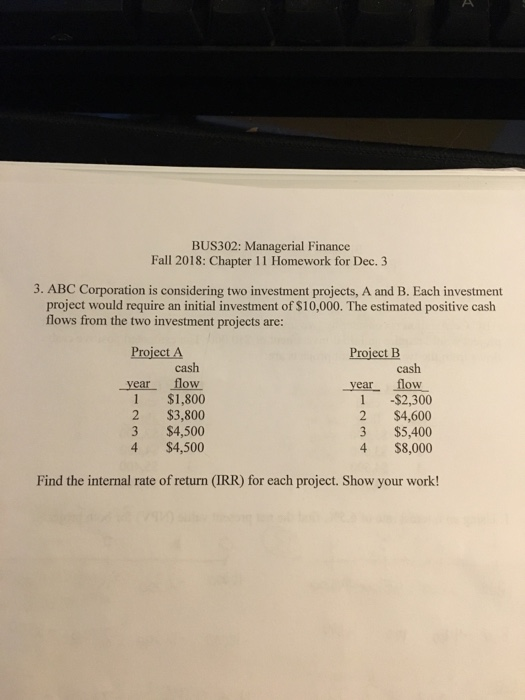  BUS302: Managerial Finance Fall 2018: Chapter 11 Homework for Dec. 3