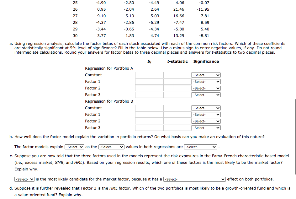 lists 30 monthly excess returns to two different actively managed stock portfolios