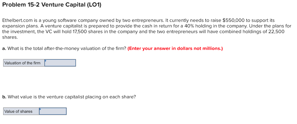 Problem 15-2 Venture Capital (LO1) Ethelbert.com is a young software company