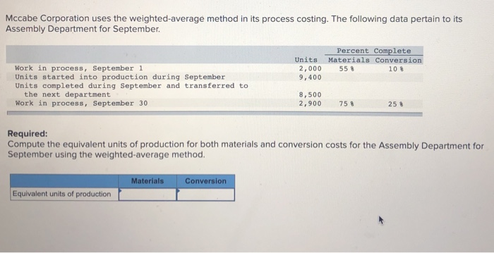  Mccabe Corporation uses the weighted-average method in its process costing. The