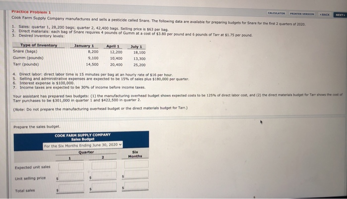  PRINTER VERSION BACK NERT Practice Problem 1 CALCULATOR Cook Farm Supply