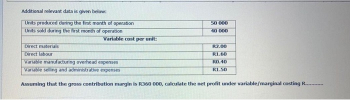  50 000 40 000 Additional relevant data is given below: Units