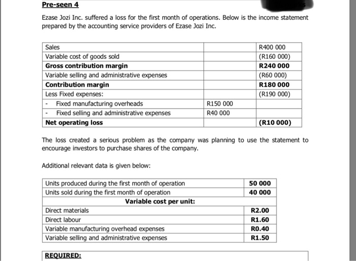 profit under variable/marginal costing .......... The loss created a serious problem as